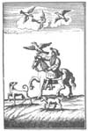 A woodcut showing a mounted falconer.